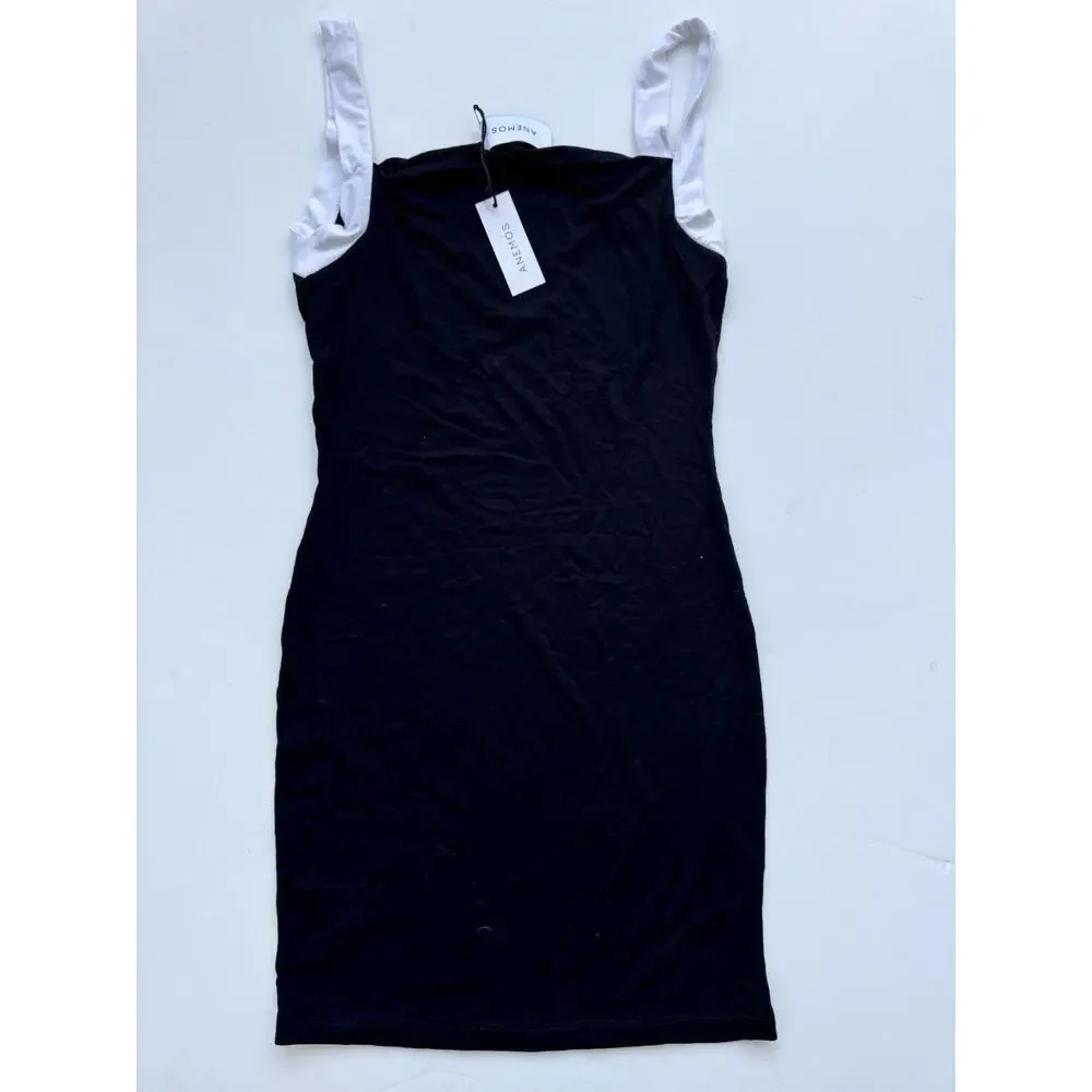 Anemos SQUARE NECK MINI TANK DRESS IN BLACK & WHITE CONTRAST STRAP JERSEY Small - Picture 2 of 4